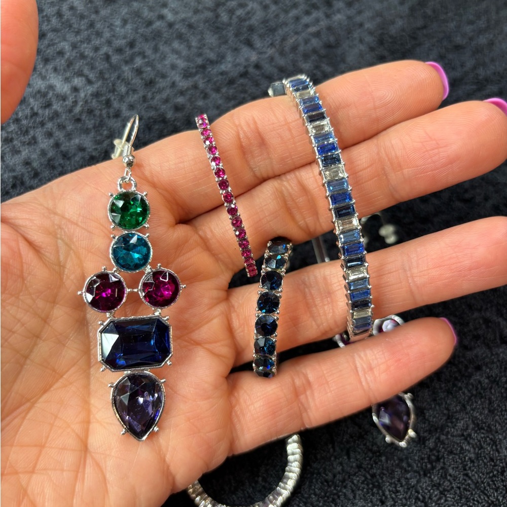 Multicolor Crystal Drop Earrings and Bracelet Set - Women Jewelry